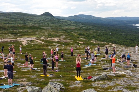 Ett femtiotal männsikor gör yoga på kalfjället i Tänndalen