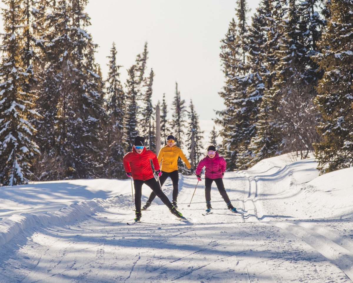 Tre personer som åker längdskidor i ett längdspår.