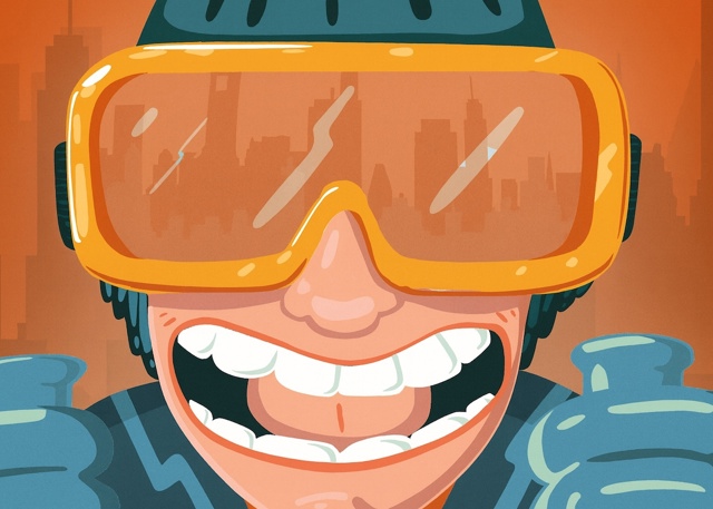 Porträtt av en animerad skidåkare.