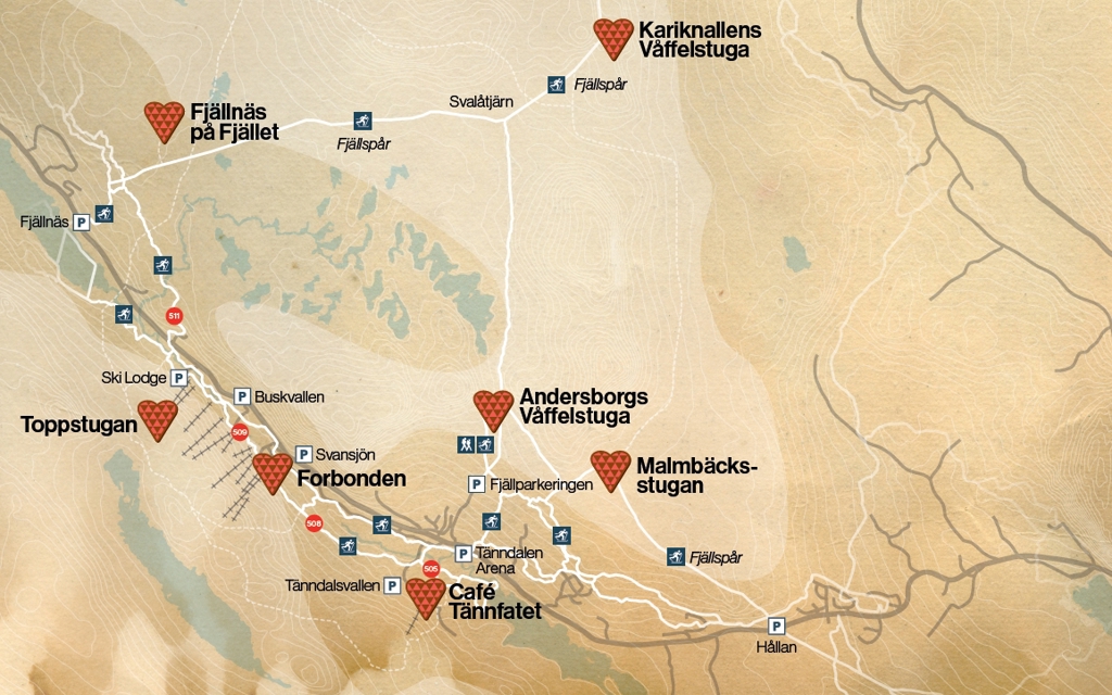 Karta över våffelstugorna i Tänndalen.