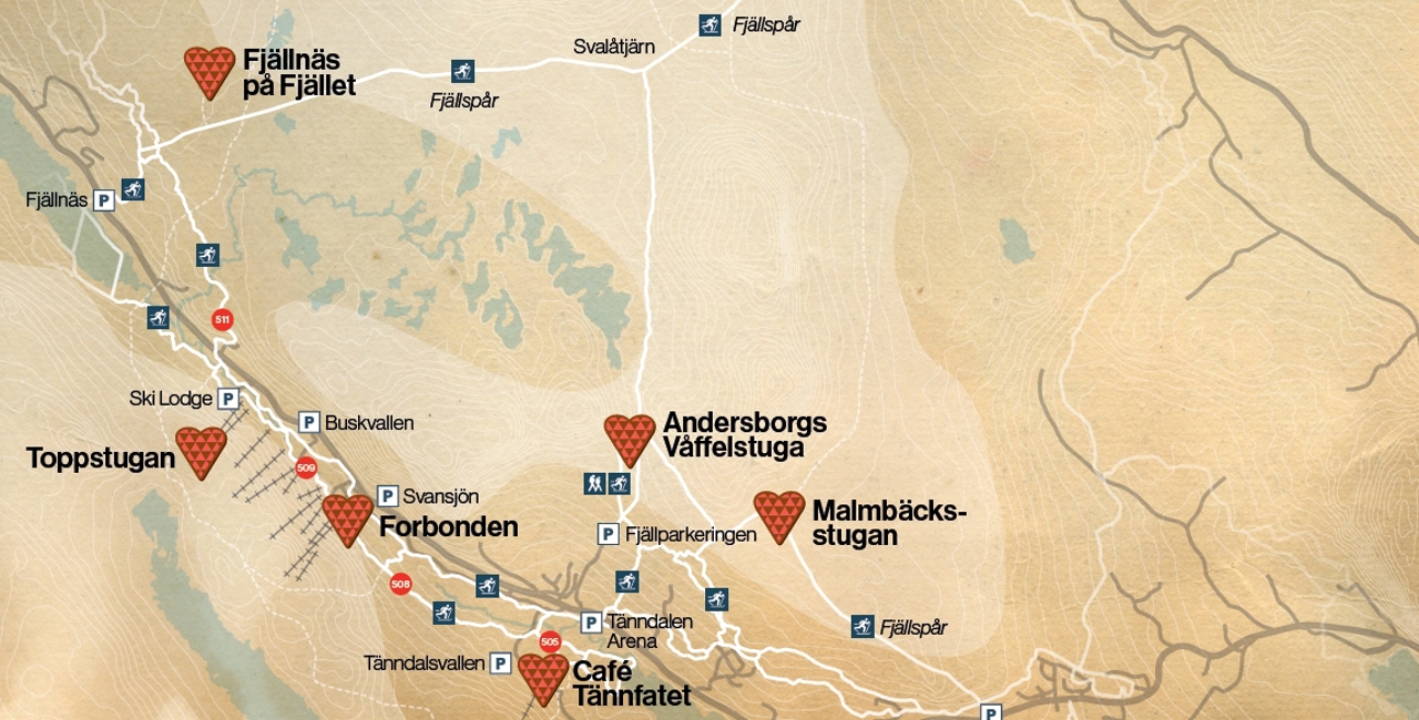Karta över våffelstugorna i Tänndalen.