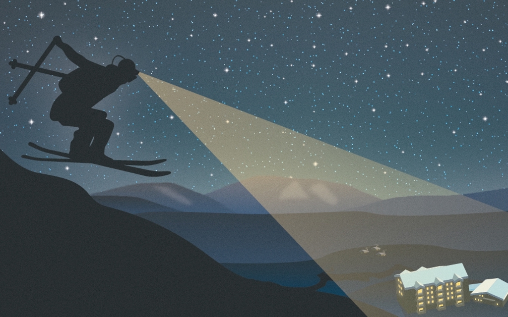 En animerad skiåkare som åker skidor med pannlampa.